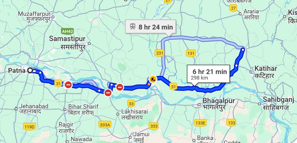Current Route map of Patna Purnia with time
